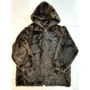 Haband Faux Fur Reversible Black Silk Coat with Hood Zip Women's Size 2XL (137)